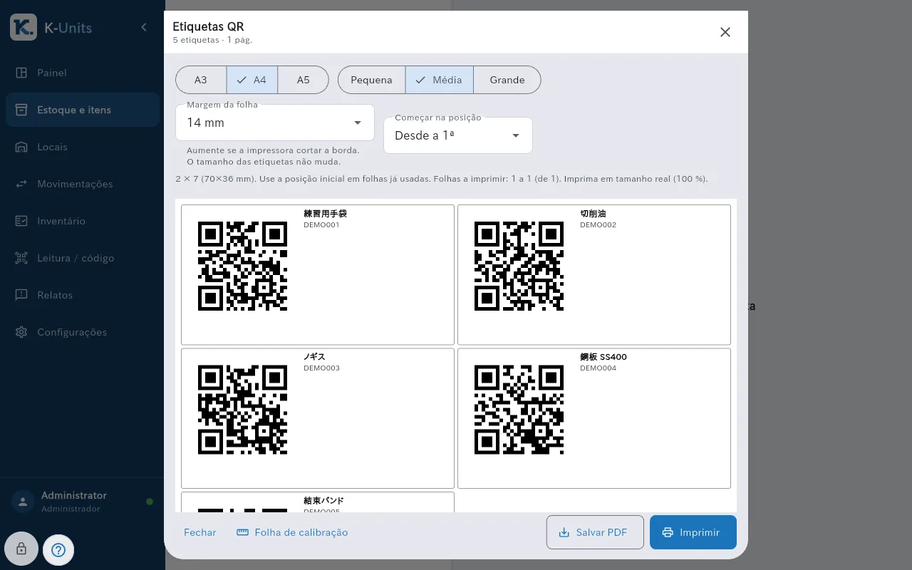 Tela Etiquetas QR com Imprimir e Salvar PDF