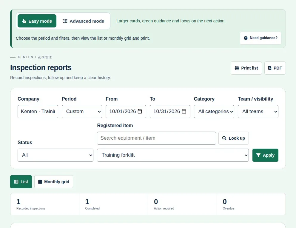 Reports screen with period, category, status and item filters