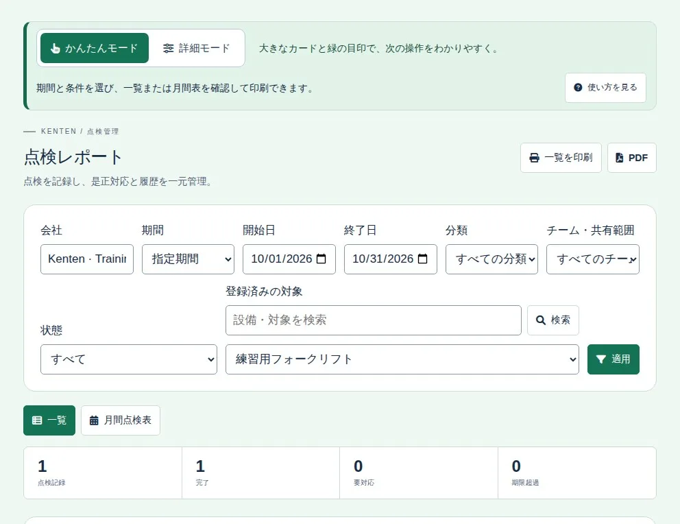 点検レポート画面。期間・分類・状態・対象のフィルター