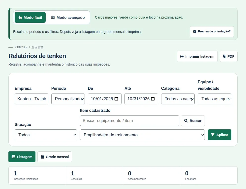 Tela Relatórios de tenken com filtros de período, categoria, situação e item