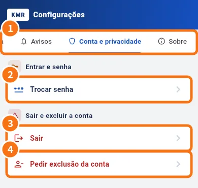 Configurações, aba Conta e privacidade