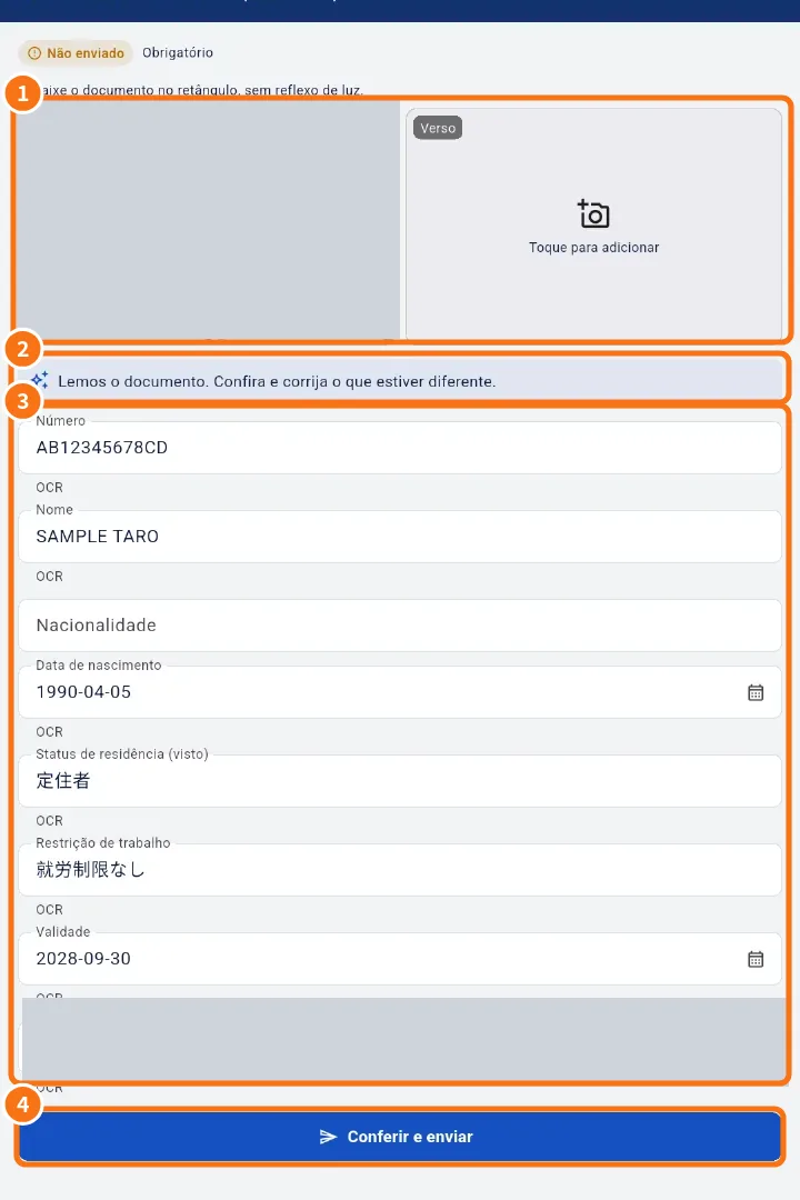 Pagpapadala ng residence card (sample na datos, nasa Portuges)