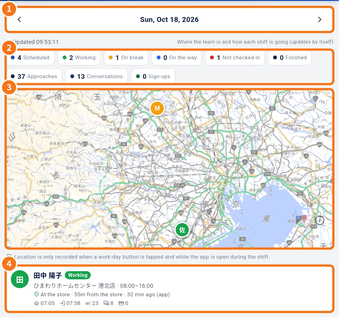 Live map with the day's team