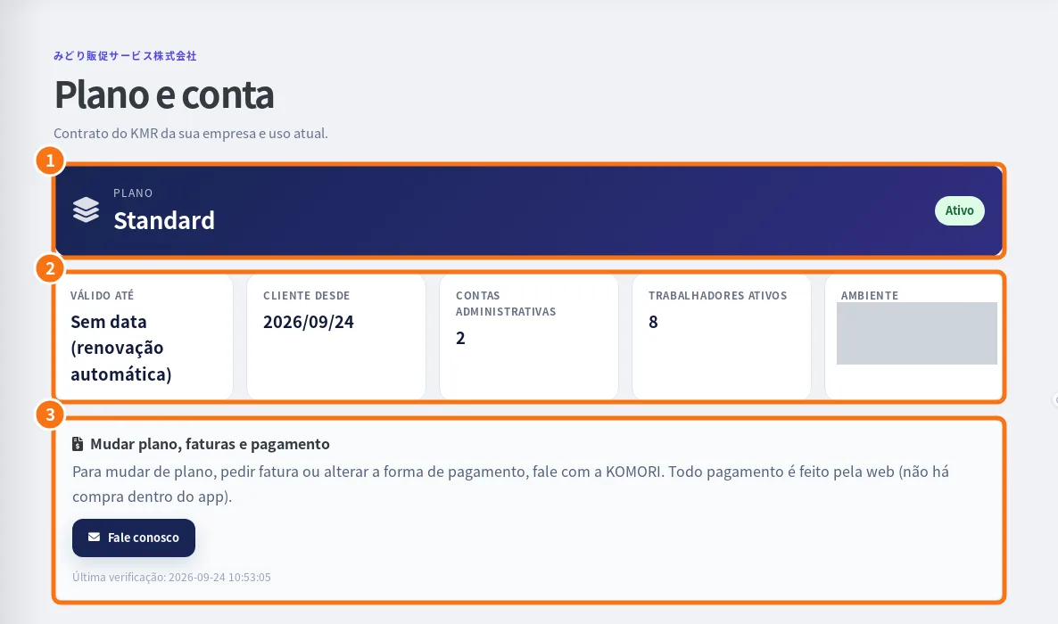 Página Plano e conta no painel web