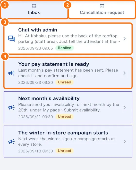 Messages tab with Cancellation request