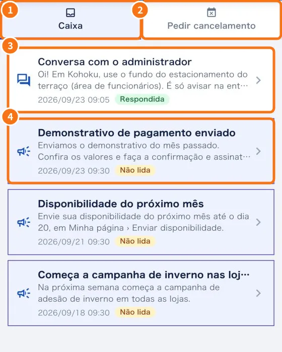 Aba Mensagens com Pedir cancelamento