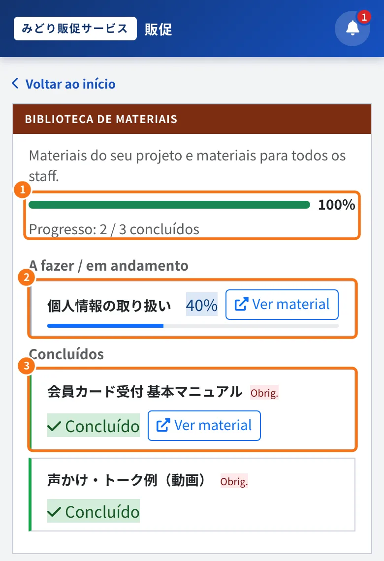 Biblioteca de materiais com progresso (portal da equipe)