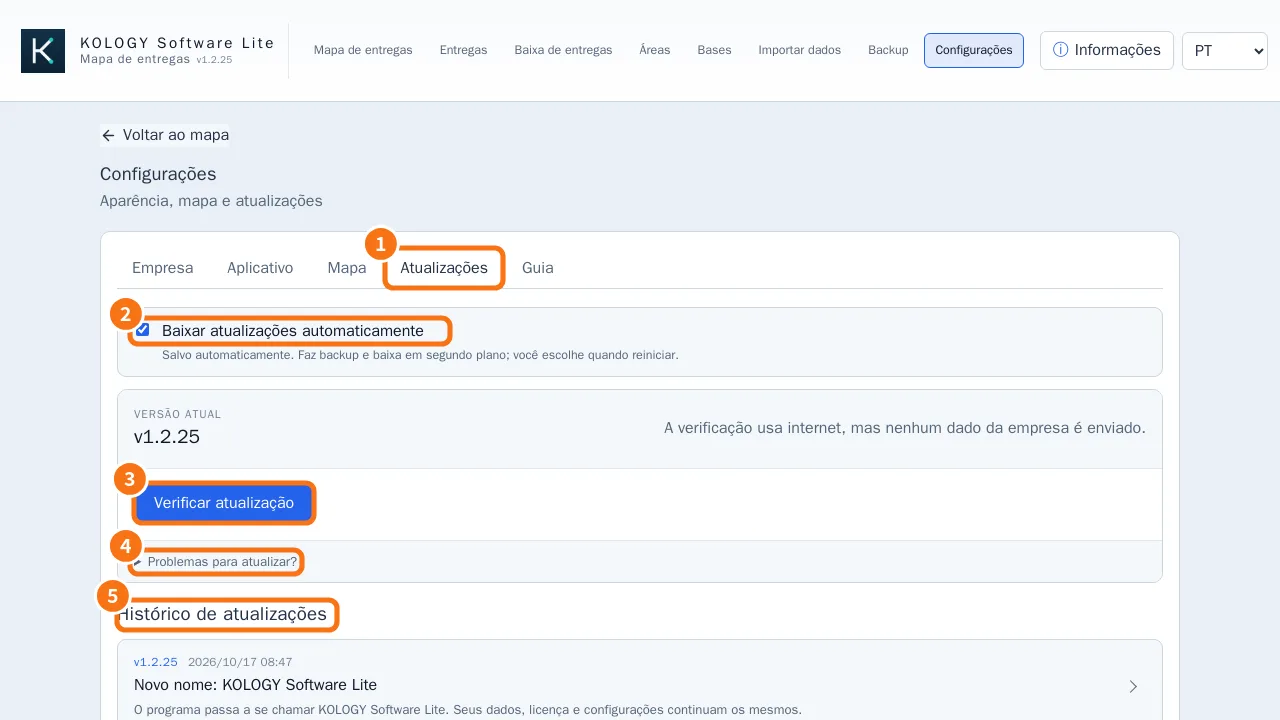 Settings, Updates tab, with numbered options