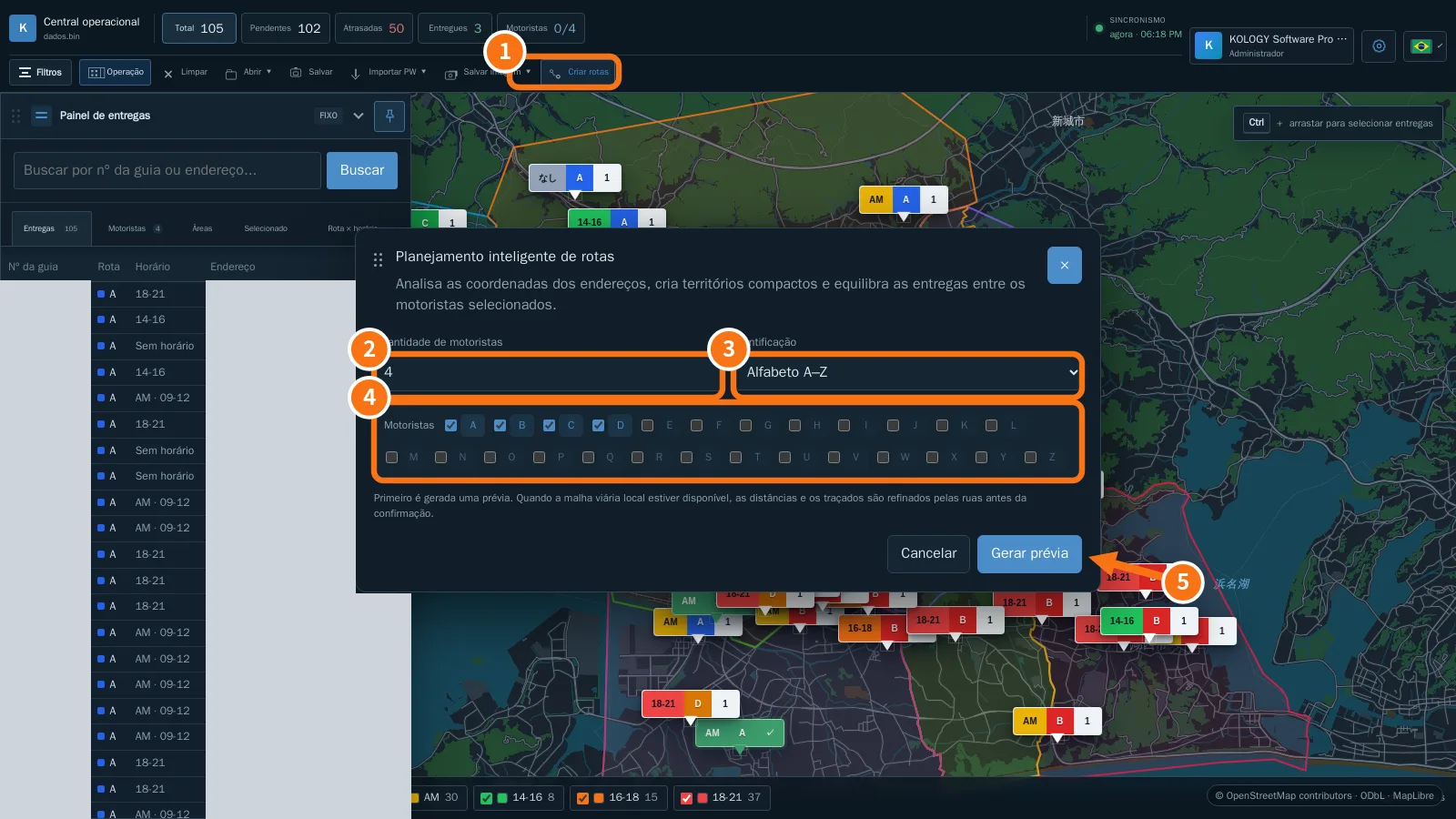 Janela Planejamento inteligente de rotas aberta sobre o mapa do Pro