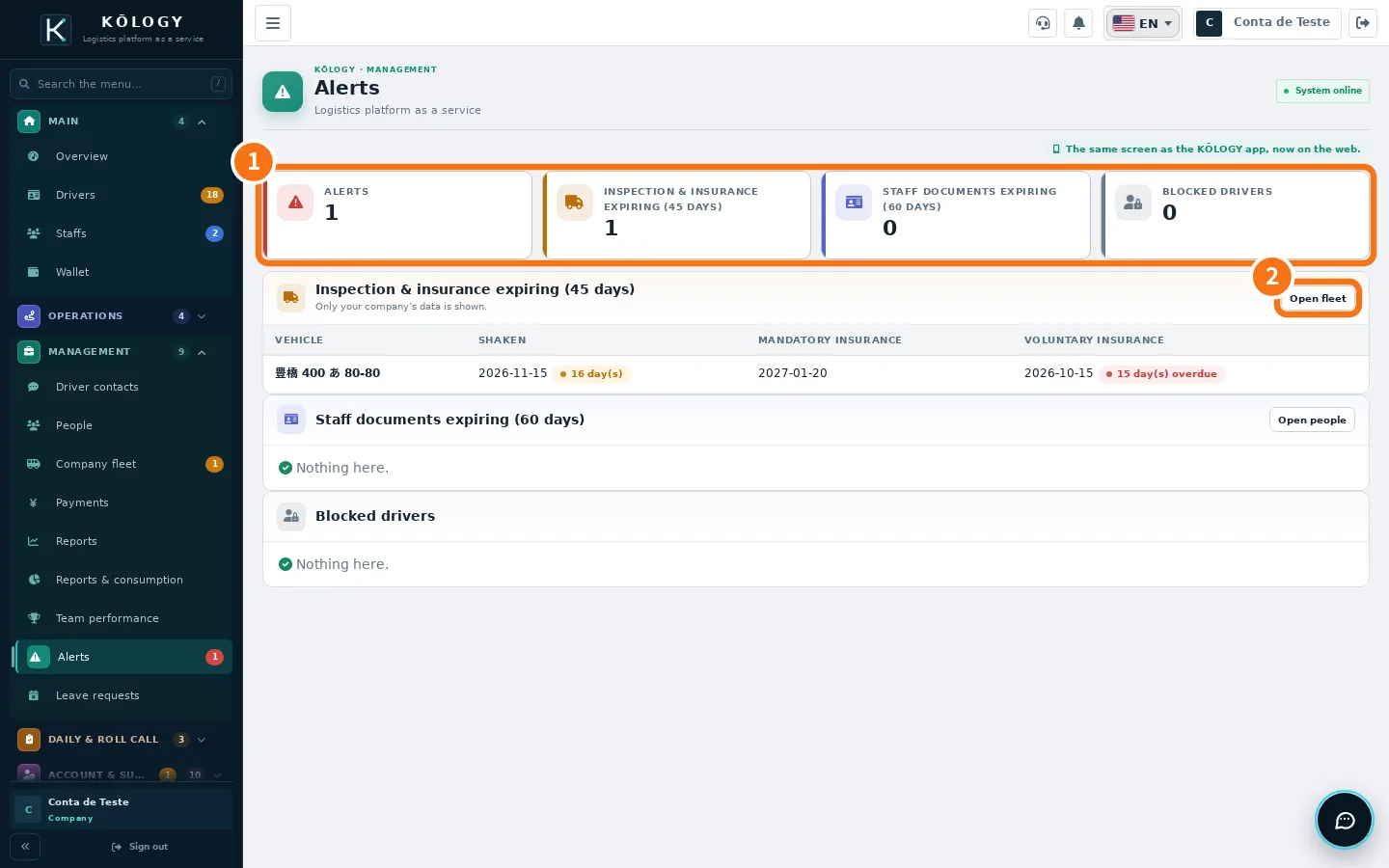 Alerts on the web with the numbers and the Open fleet button numbered