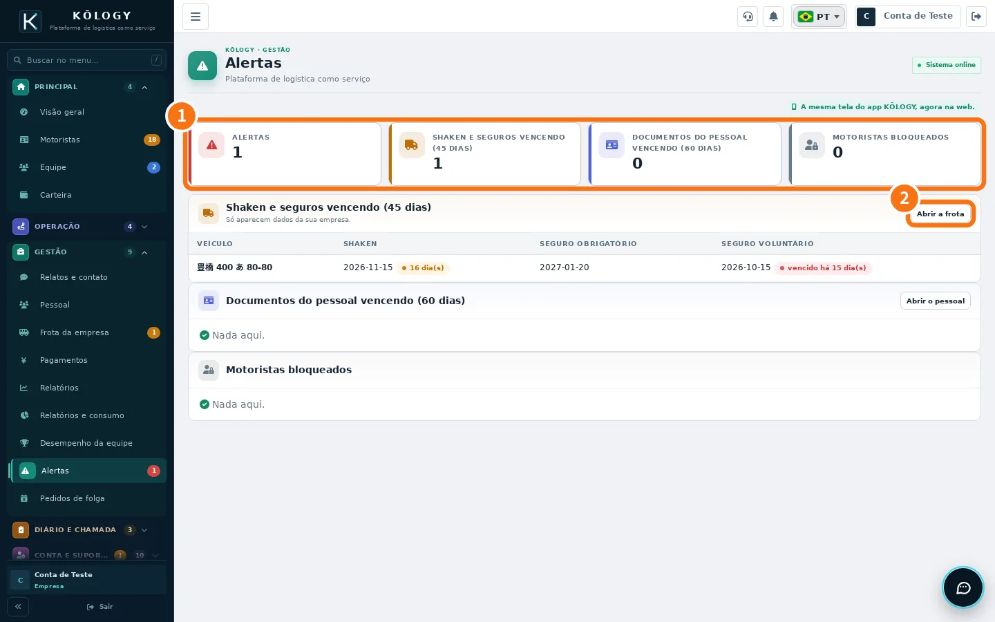 Alertas na web com os números e o botão Abrir a frota numerados