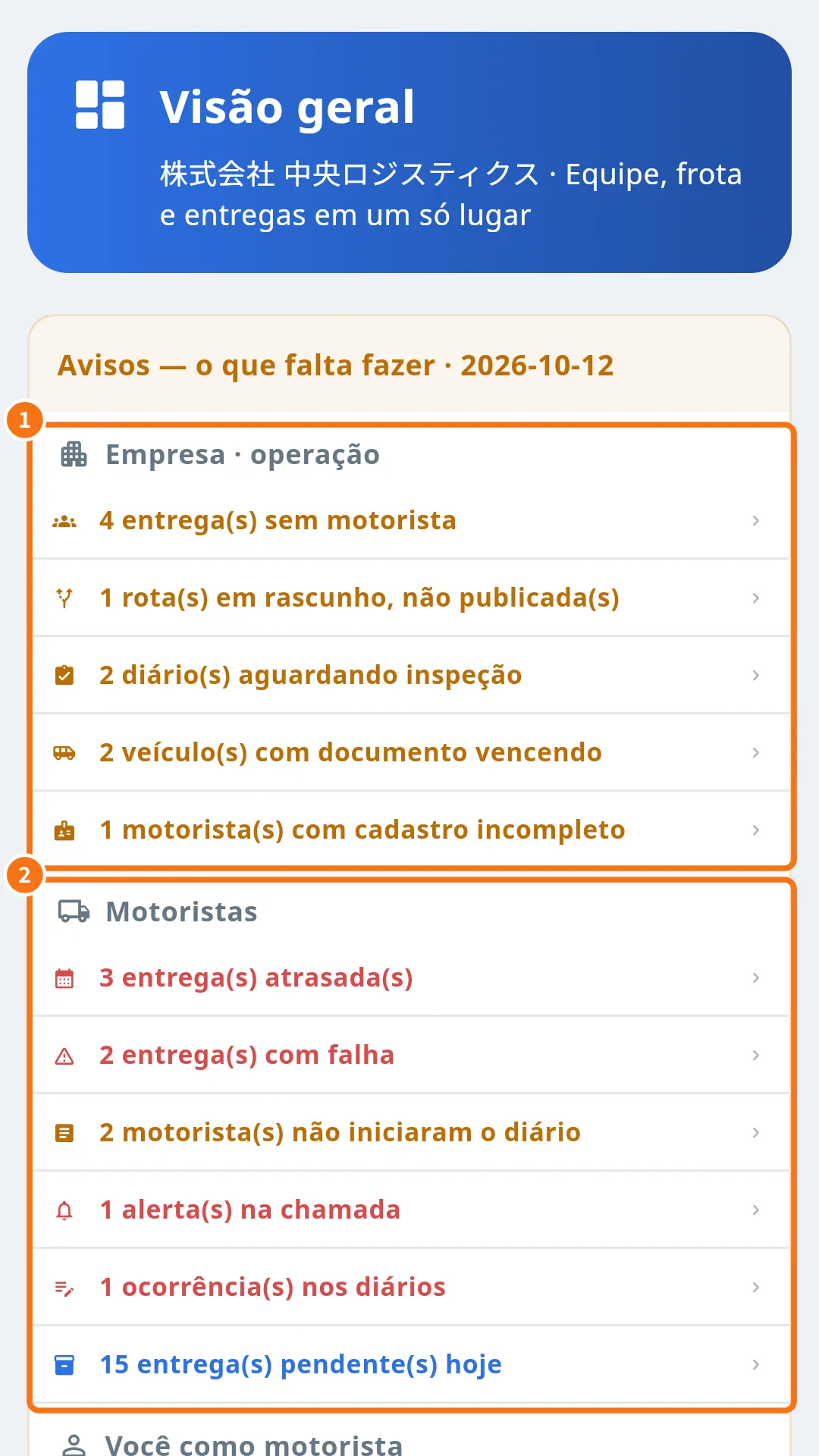 Visão geral no app com os avisos da empresa e dos motoristas