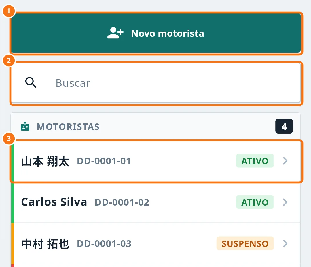 Lista de motoristas no app com Novo motorista, Buscar e uma linha numerados