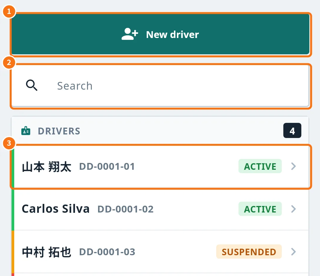 Listahan ng driver sa app na may numero ang Bagong Driver, search at isang row