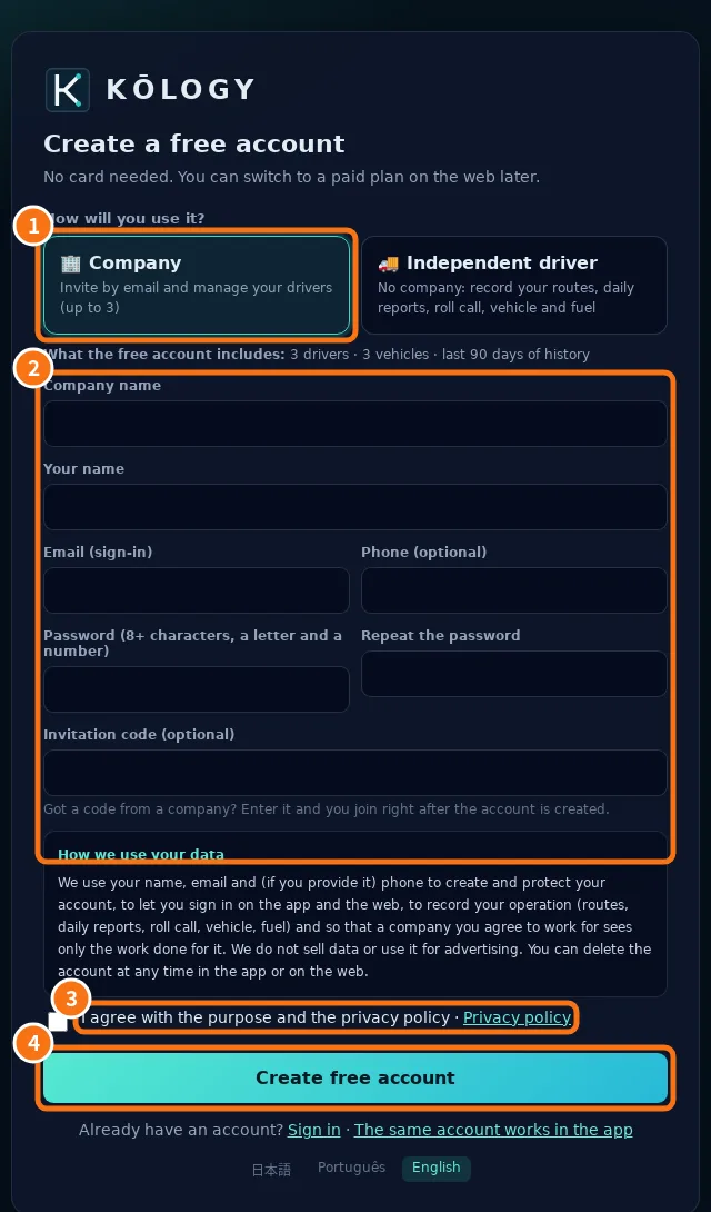 Screen ng sign-up na may linya ng kasama sa libreng account