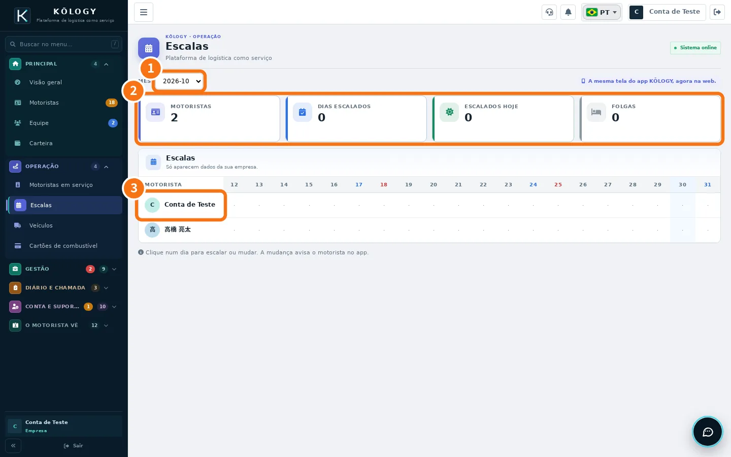 Escalas na web com o mês, os números e a grade por motorista numerados
