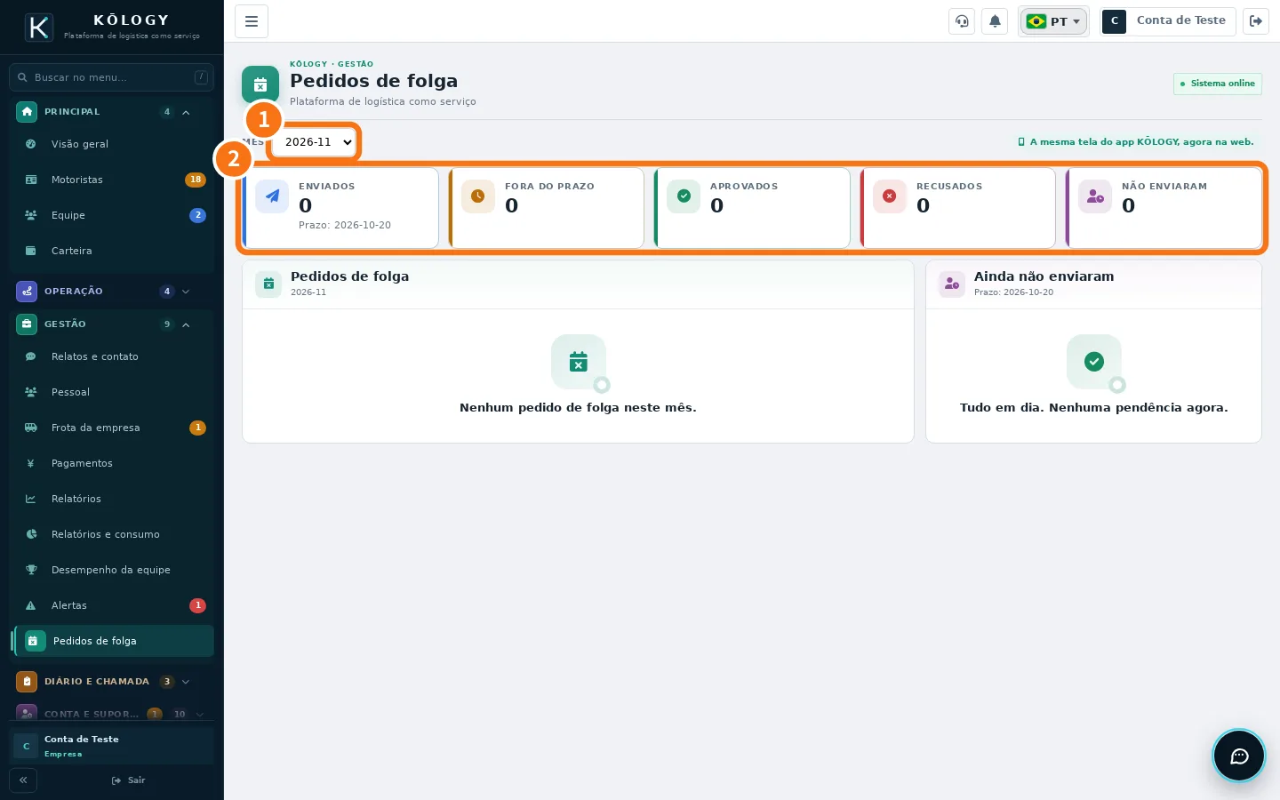 Pedidos de folga na web com o mês e os números numerados