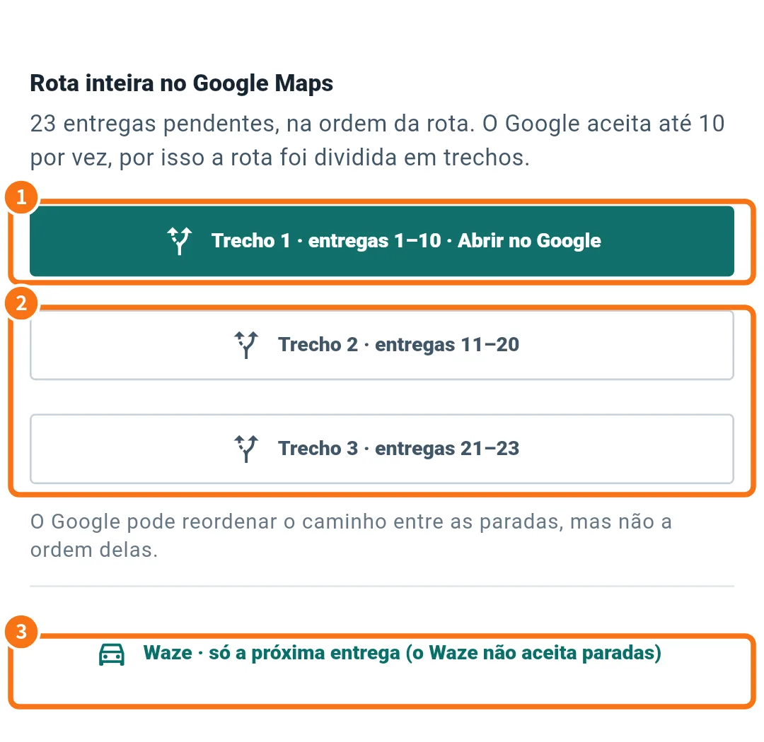 Rota inteira no Google Maps dividida em trechos e opção Waze
