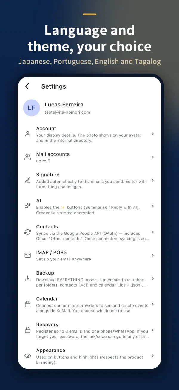 KoMail settings screen