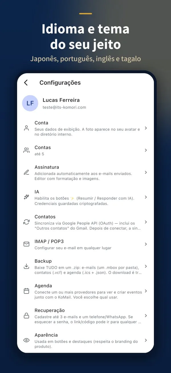 Tela de configurações do KoMail