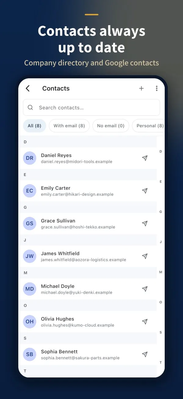 Contact list with search and filters