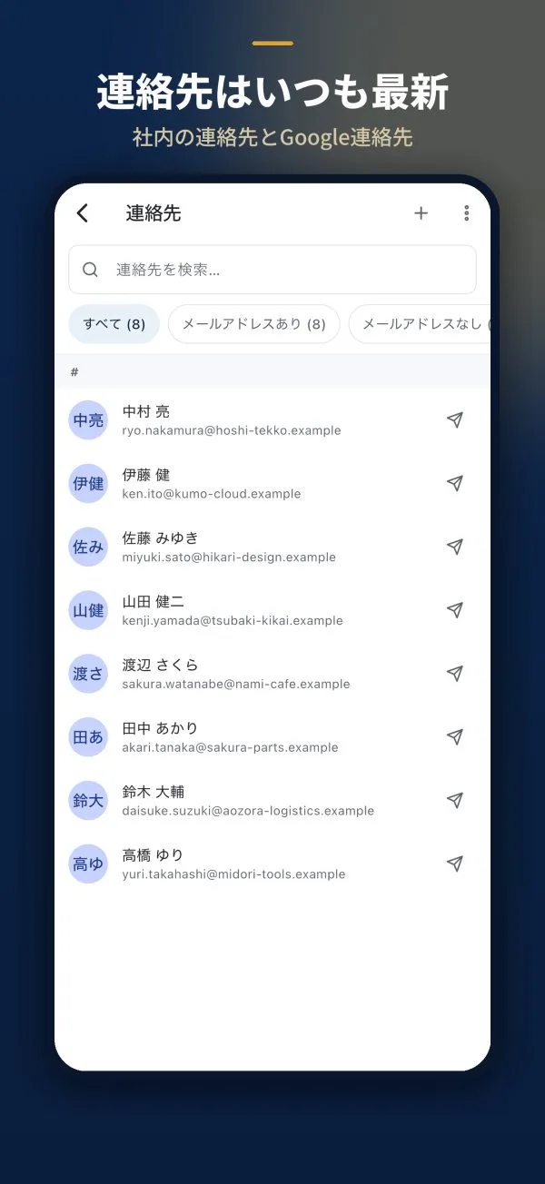 検索と絞り込みがある連絡先一覧