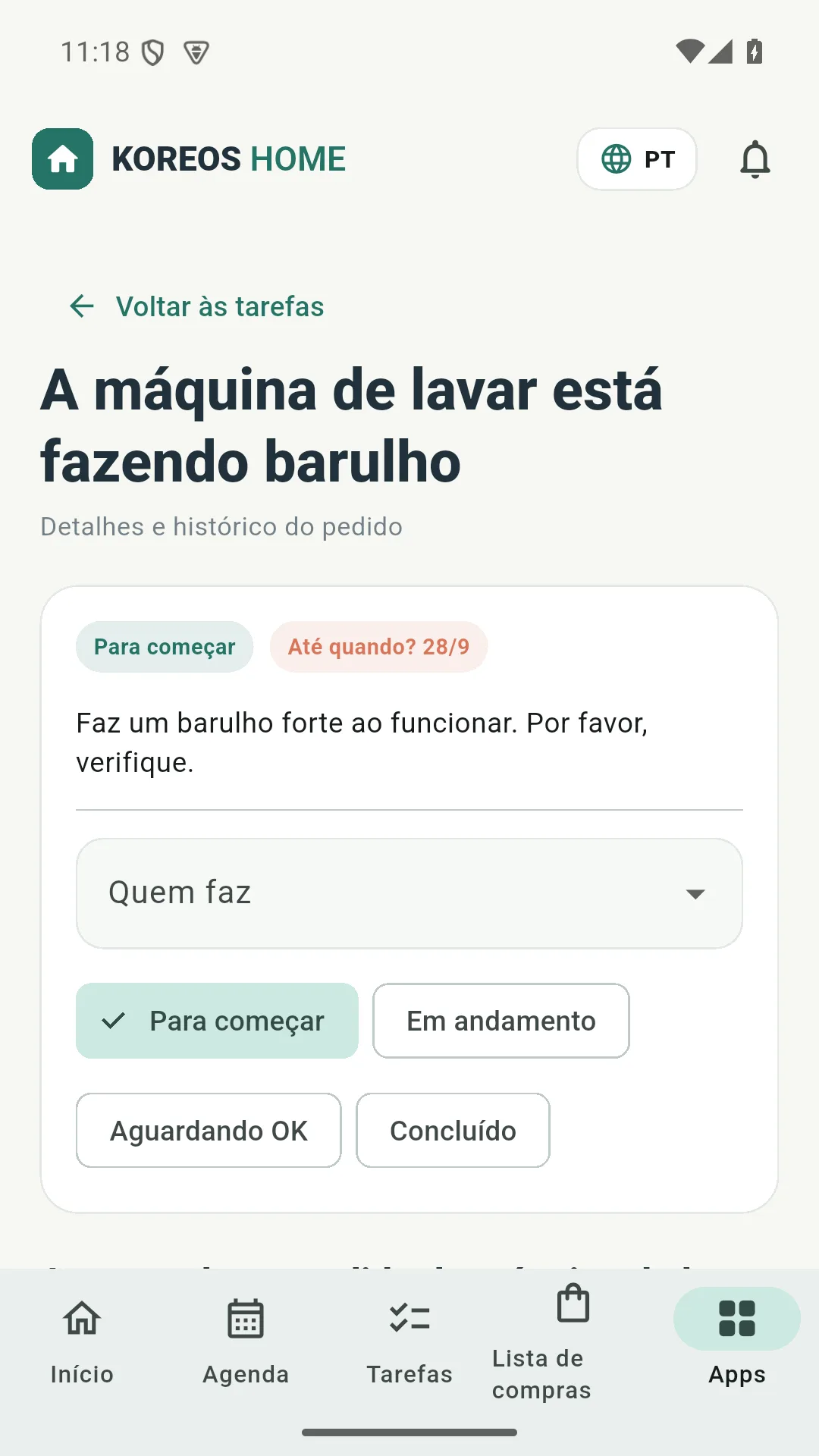 Detalhes de um pedido com responsável e status