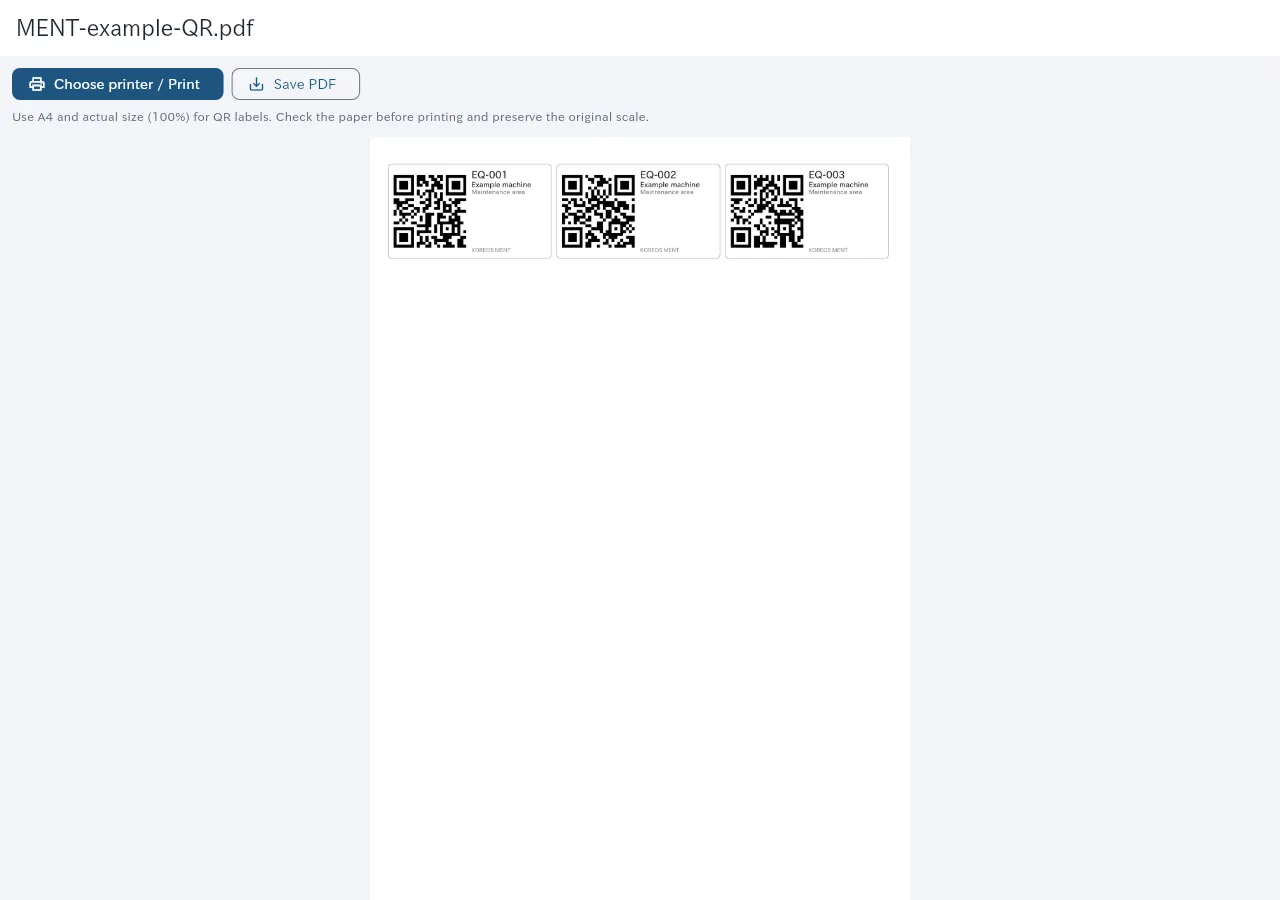 Preview of the equipment QR label PDF