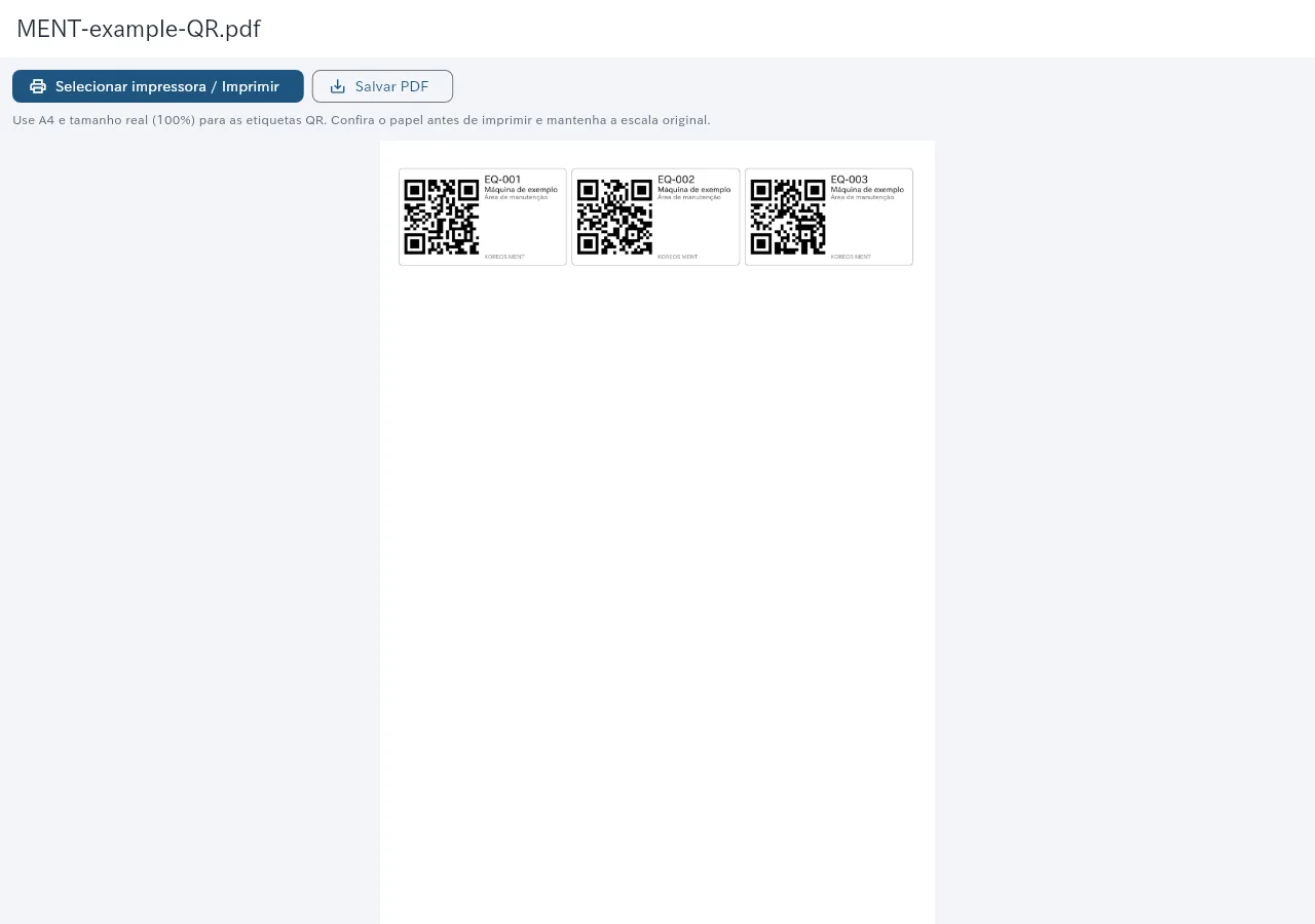 Prévia do PDF de etiquetas QR de equipamentos